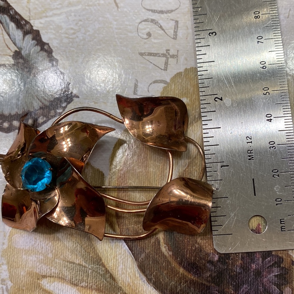Sterling by Jordan flower brooch w/ vermeil & aqua stone Vintage 3 5/8” x 2” - Picture 8 of 9